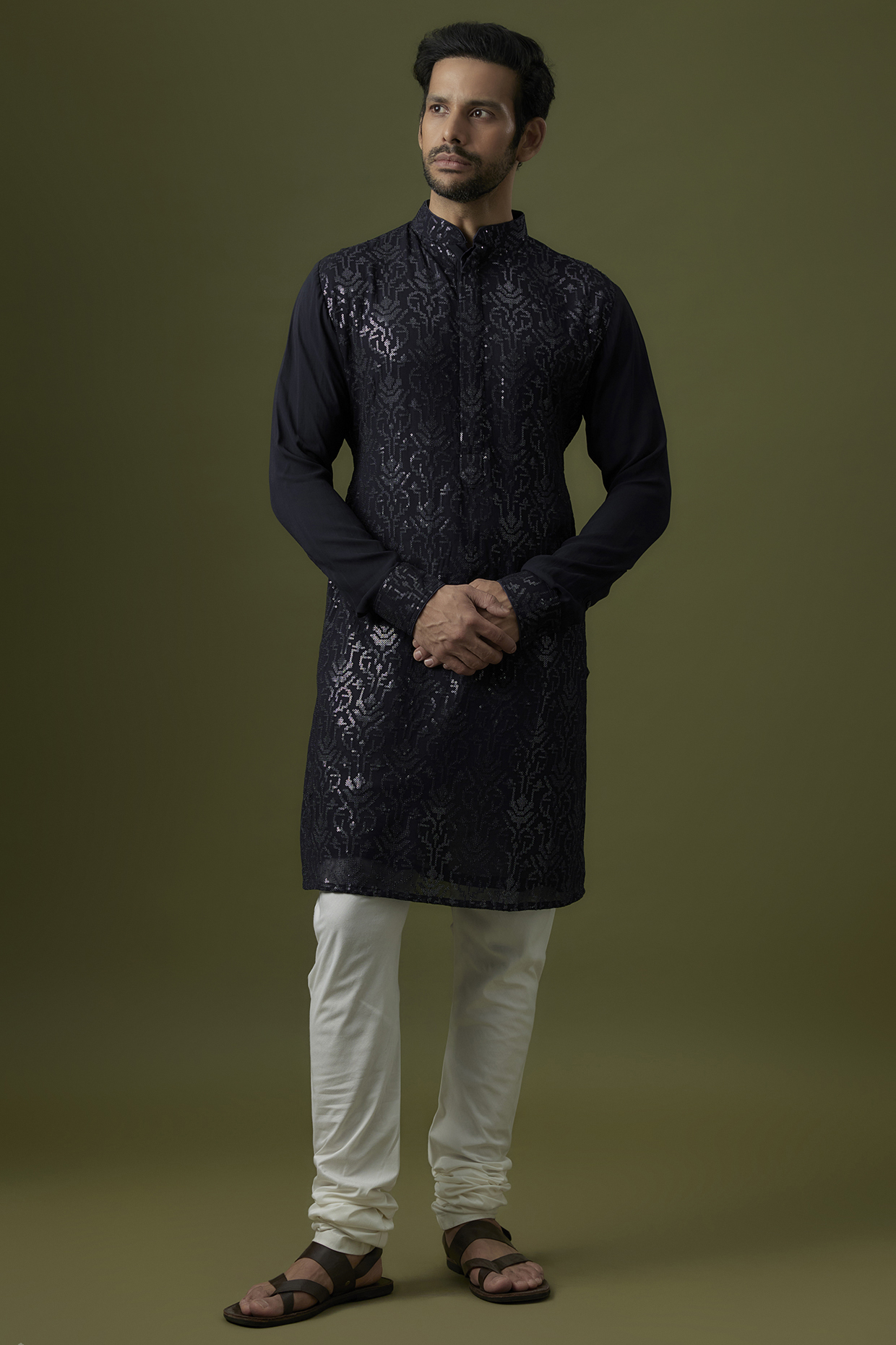 Blue Georgette Sequin Embroidered Kurta by Rabani & Rakha Men