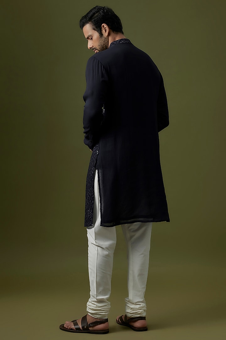 Blue Georgette Sequin Embroidered Kurta by Rabani & Rakha Men at Pernia's Pop Up Shop