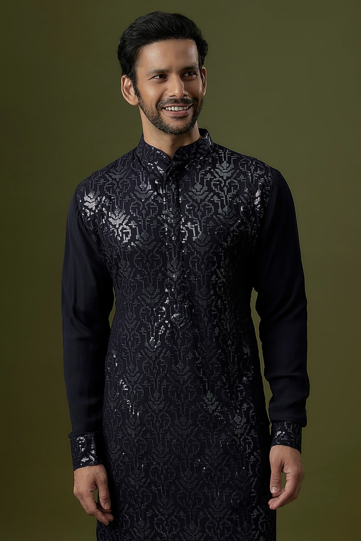 Blue Georgette Sequin Embroidered Kurta by Rabani & Rakha Men at Pernia's Pop Up Shop