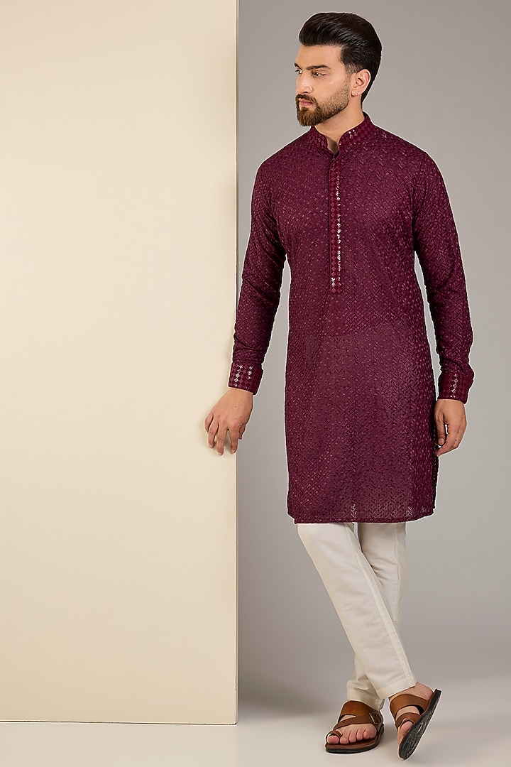 Ivory Georgette Sequins Embroidered Kurta by Rabani & Rakha Men at Pernia's Pop Up Shop