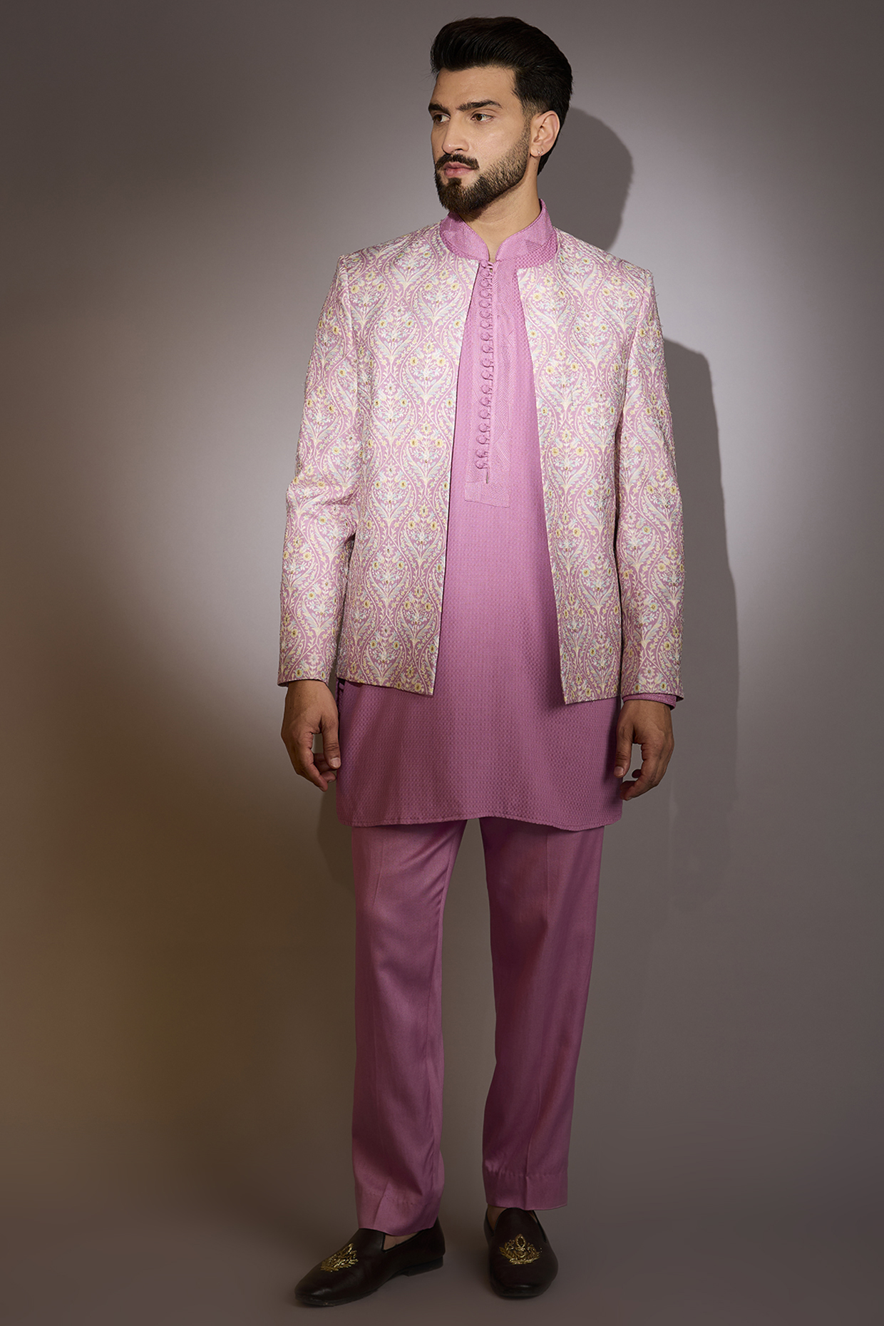 Pink Dola Silk Indowestern Set by Rabani & Rakha Men