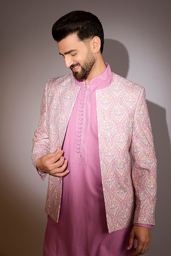 Pink Dola Silk Indowestern Set by Rabani & Rakha Men at Pernia's Pop Up Shop