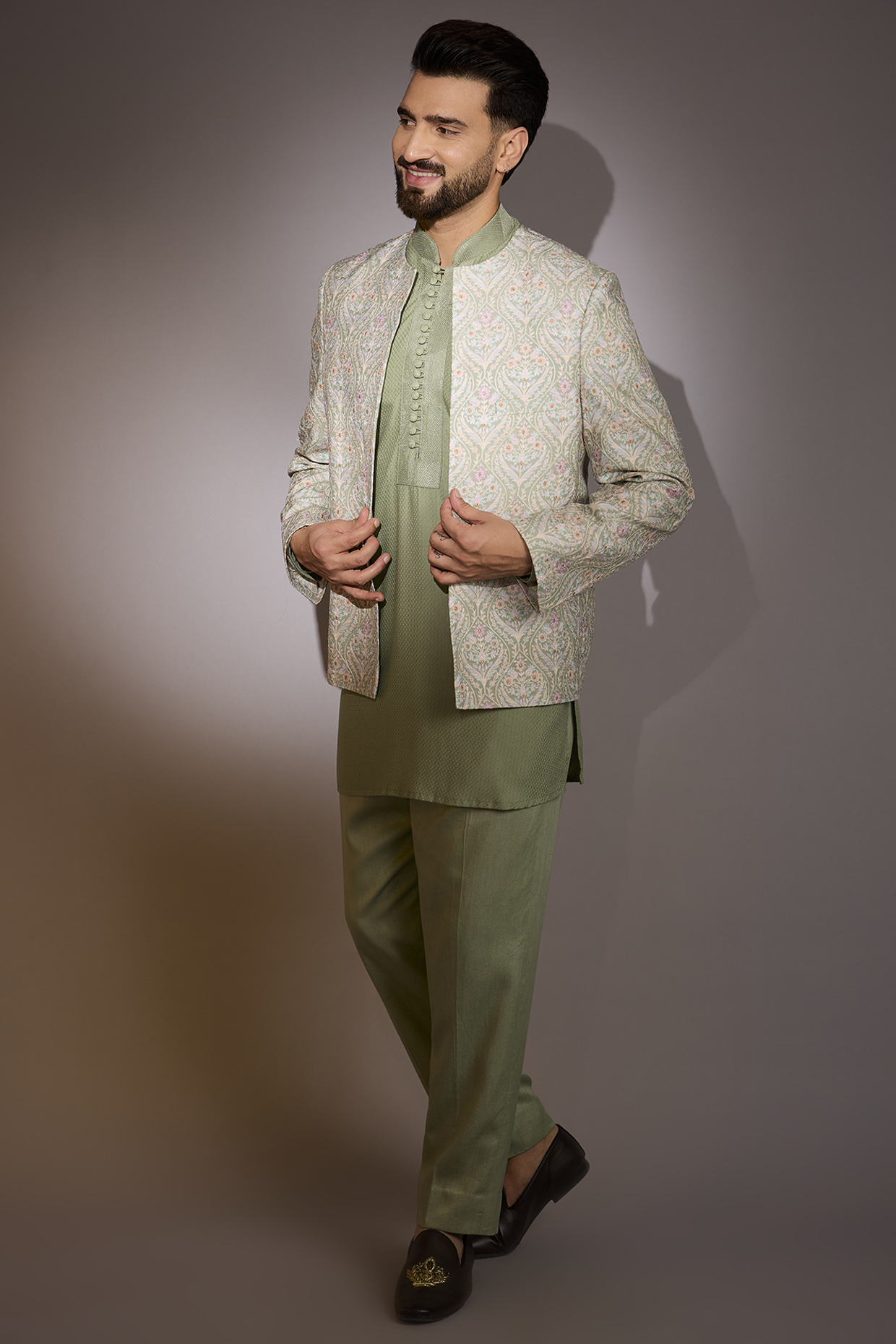 Sage Green Dola Silk Indowestern Set by Rabani & Rakha Men