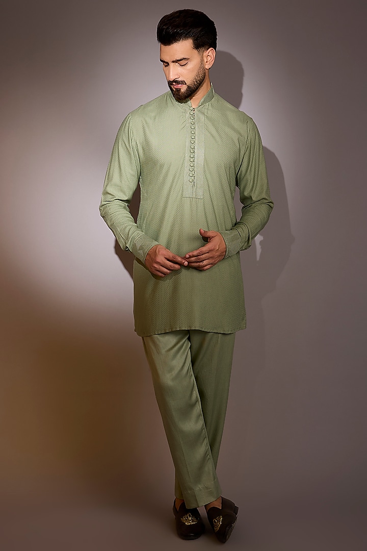 Sage Green Dola Silk Indowestern Set by Rabani & Rakha Men at Pernia's Pop Up Shop