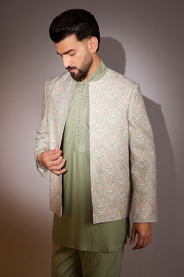 Sage Green Dola Silk Indowestern Set by Rabani & Rakha Men at Pernia's Pop Up Shop