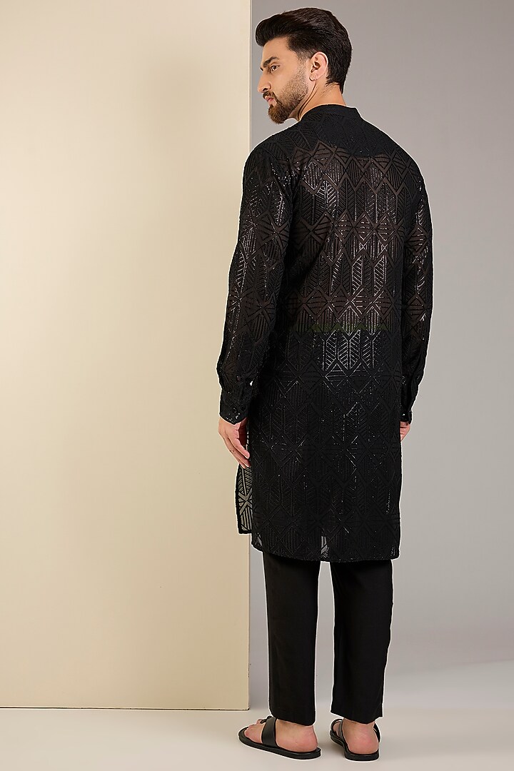 Black Georgette Sequins Embroidered Kurta by Rabani & Rakha Men at Pernia's Pop Up Shop