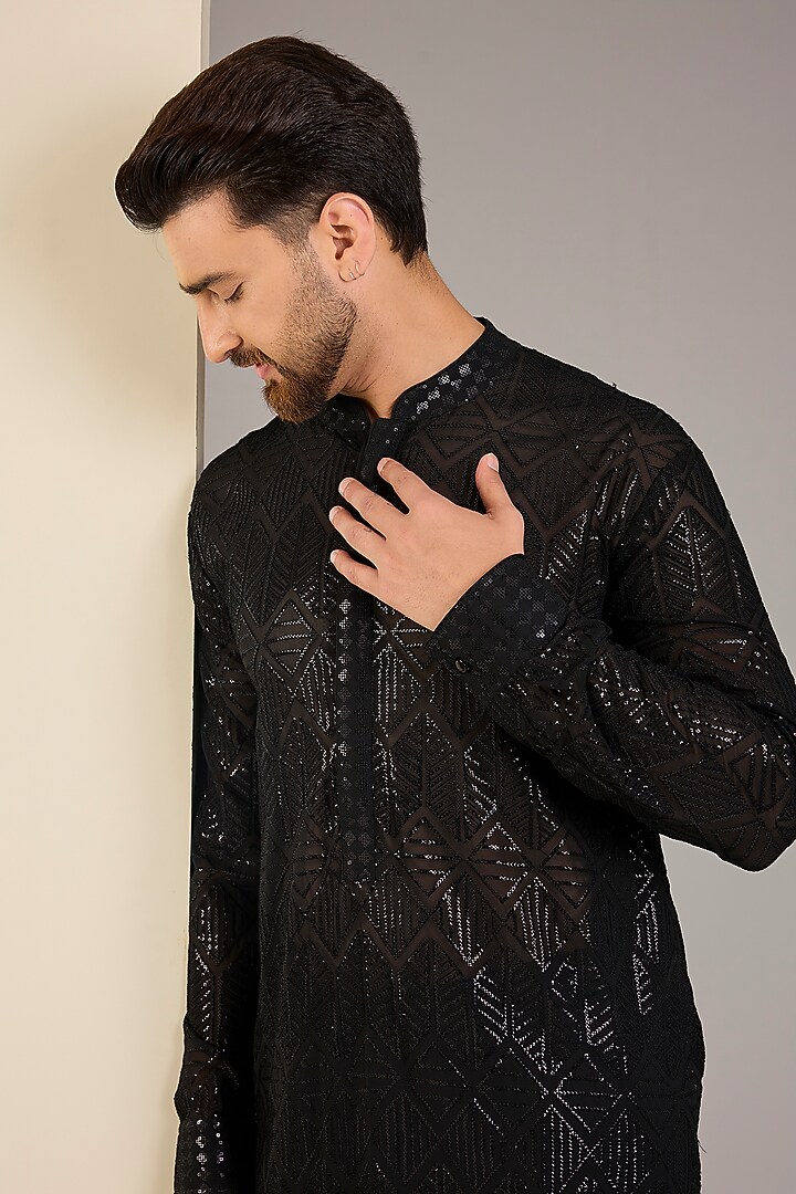 Black Georgette Sequins Embroidered Kurta by Rabani & Rakha Men at Pernia's Pop Up Shop