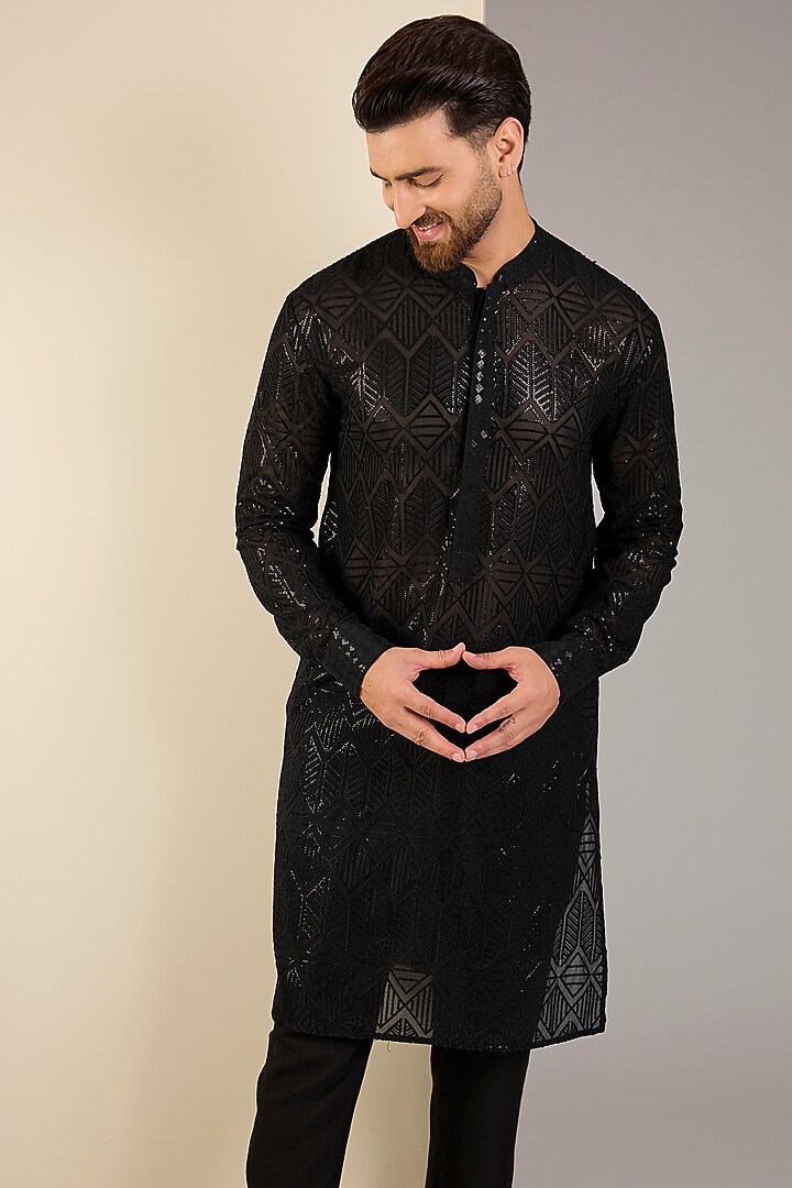 Black Georgette Sequins Embroidered Kurta by Rabani & Rakha Men at Pernia's Pop Up Shop