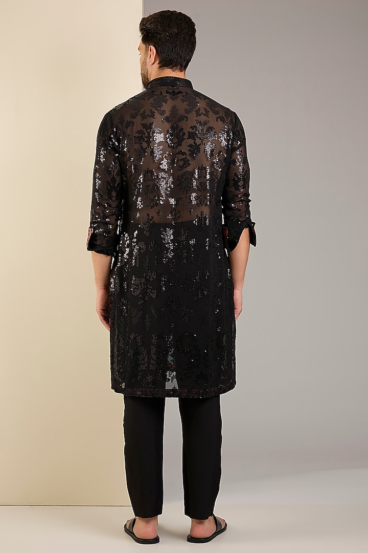 Black Georgette Sequins Embroidered Kurta by Rabani & Rakha Men at Pernia's Pop Up Shop