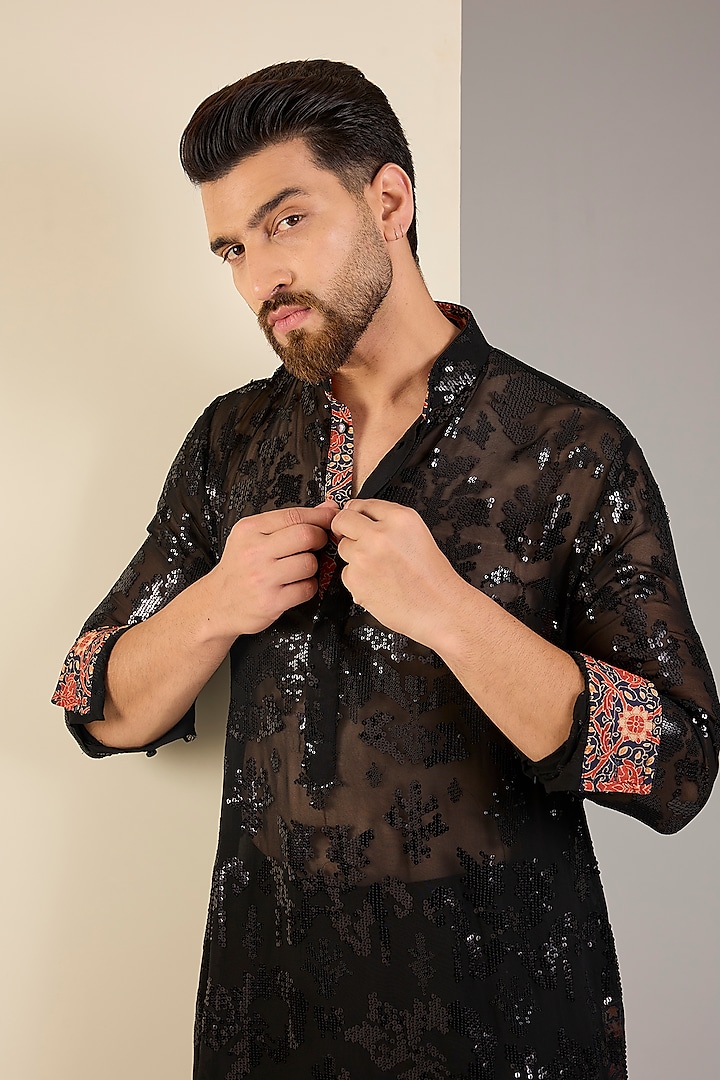 Black Georgette Sequins Embroidered Kurta by Rabani & Rakha Men at Pernia's Pop Up Shop