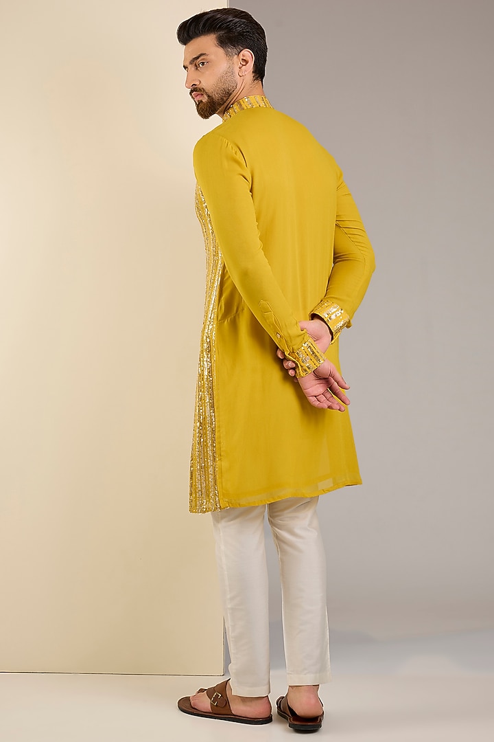 Yellow Georgette Sequins Embroidered Kurta by Rabani & Rakha Men at Pernia's Pop Up Shop