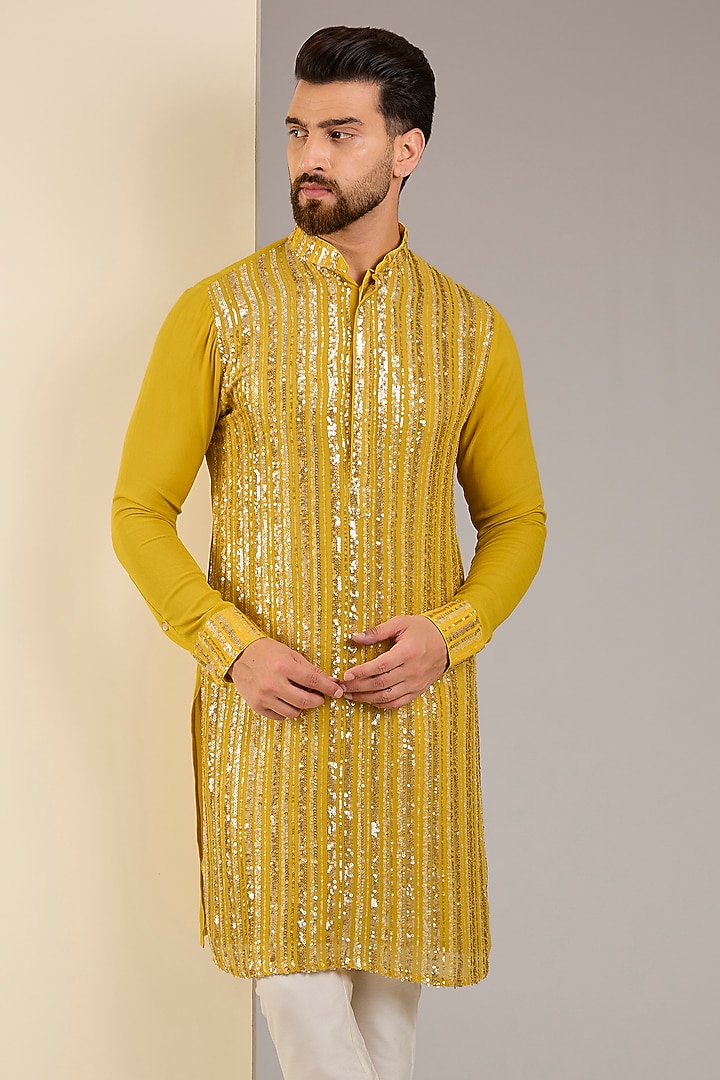 Yellow Georgette Sequins Embroidered Kurta by Rabani & Rakha Men at Pernia's Pop Up Shop