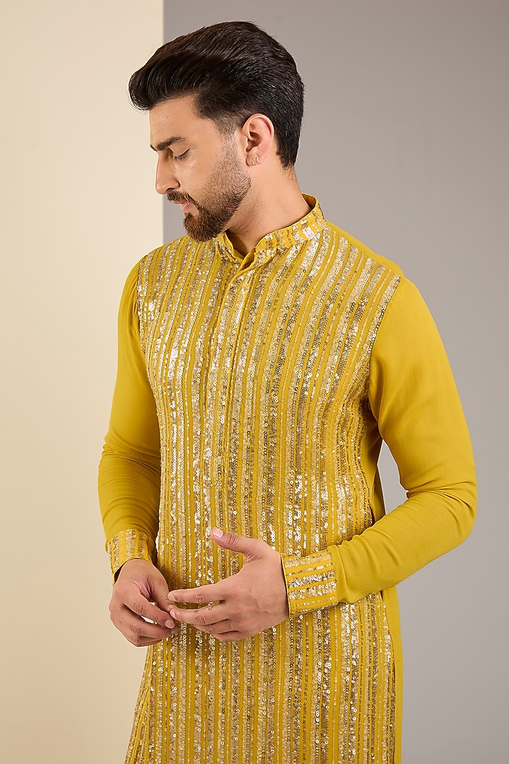 Yellow Georgette Sequins Embroidered Kurta by Rabani & Rakha Men at Pernia's Pop Up Shop