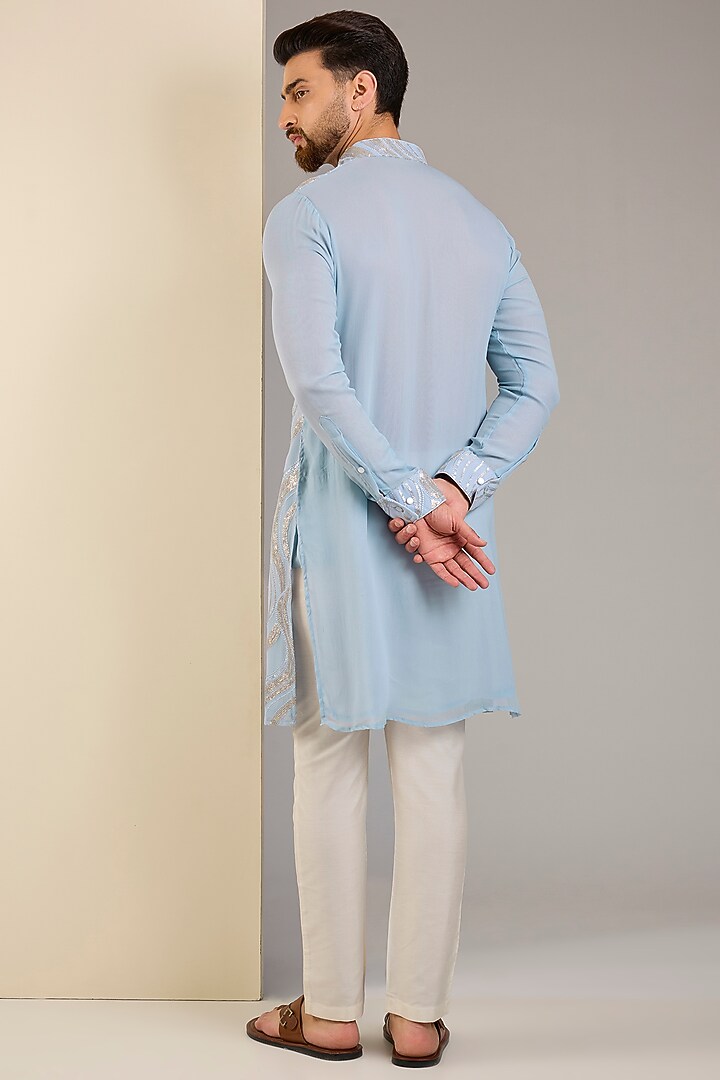 Pale Blue Georgette Sequins Embroidered Kurta by Rabani & Rakha Men at Pernia's Pop Up Shop
