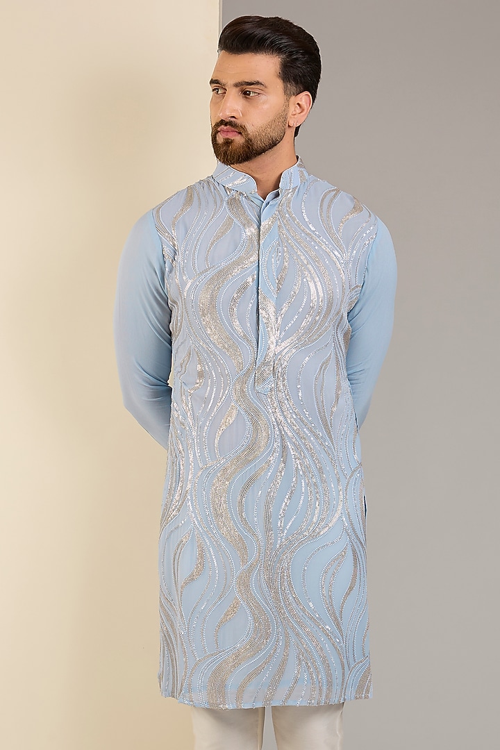 Pale Blue Georgette Sequins Embroidered Kurta by Rabani & Rakha Men at Pernia's Pop Up Shop