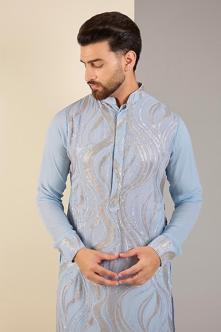 Pale Blue Georgette Sequins Embroidered Kurta by Rabani & Rakha Men at Pernia's Pop Up Shop
