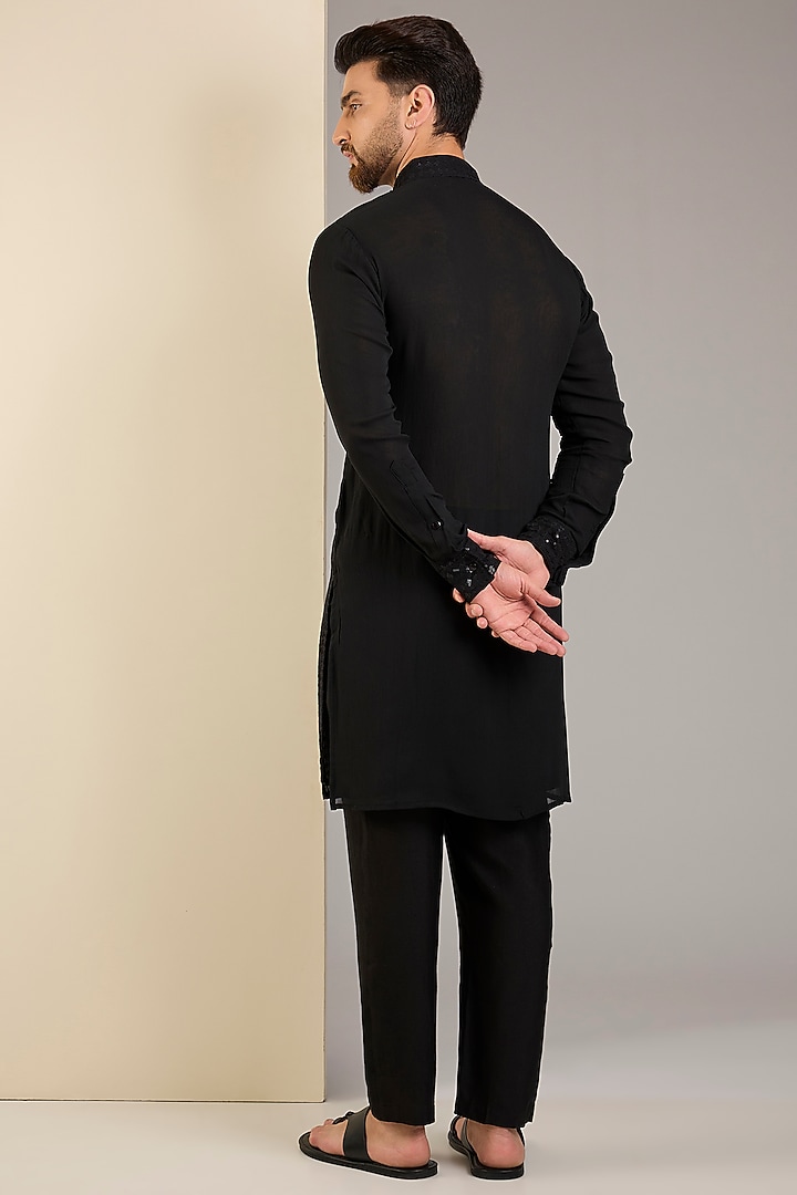 Black Georgette Sequins Embroidered Kurta by Rabani & Rakha Men at Pernia's Pop Up Shop