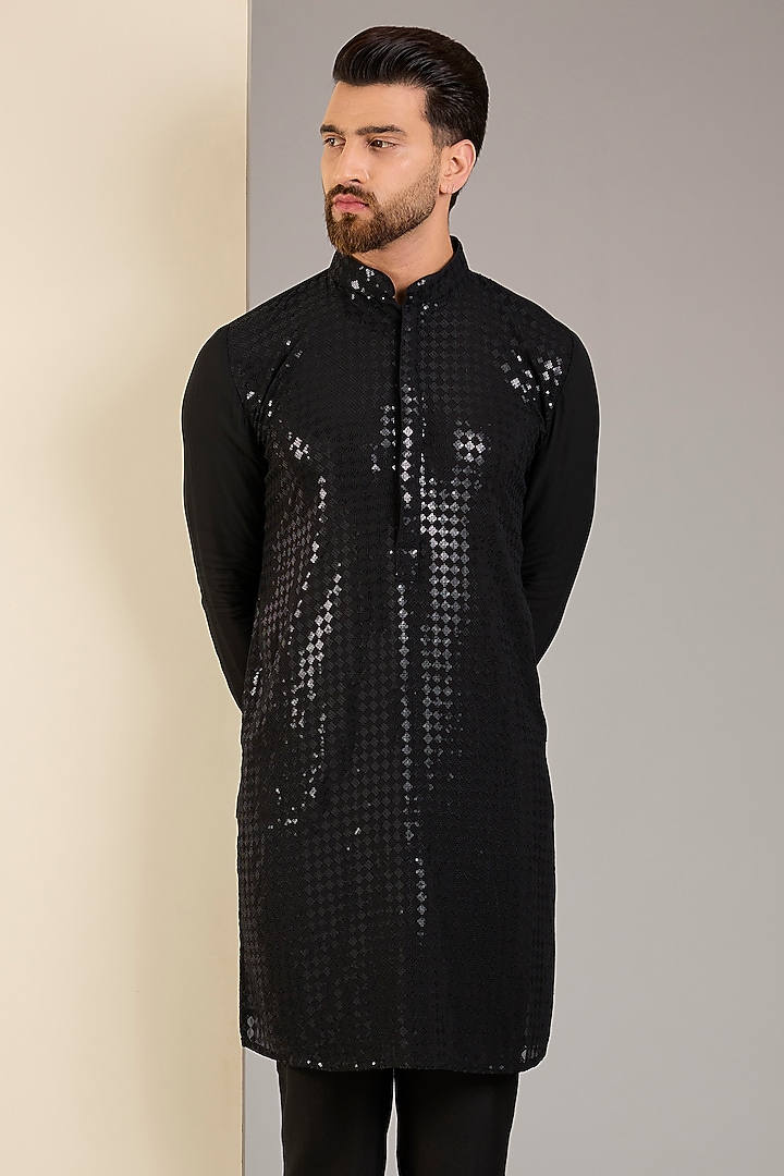 Black Georgette Sequins Embroidered Kurta by Rabani & Rakha Men at Pernia's Pop Up Shop