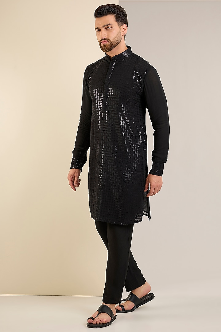 Black Georgette Sequins Embroidered Kurta by Rabani & Rakha Men at Pernia's Pop Up Shop