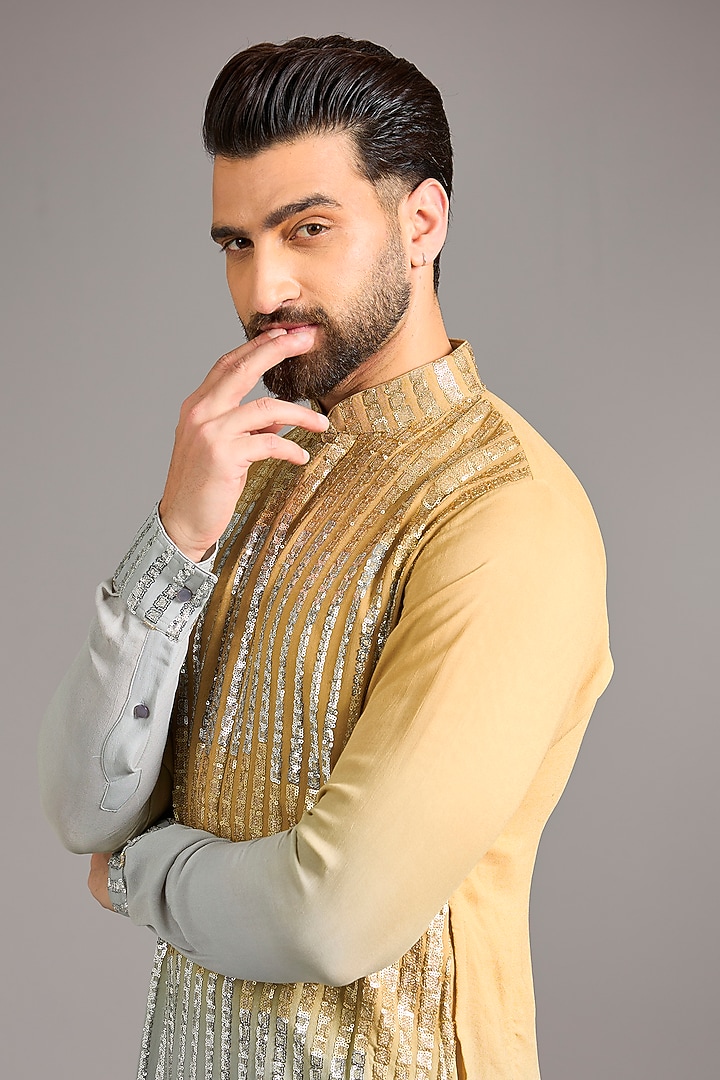 Golden & Grey Shaded Georgette Sequin Embroidered Kurta Set by Rabani & Rakha Men at Pernia's Pop Up Shop