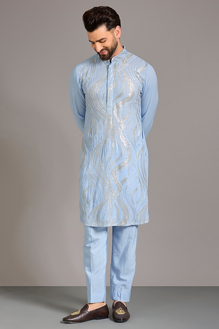 Pale Blue Georgette Sequin & Pearl Embroidered Kurta Set by Rabani & Rakha Men at Pernia's Pop Up Shop