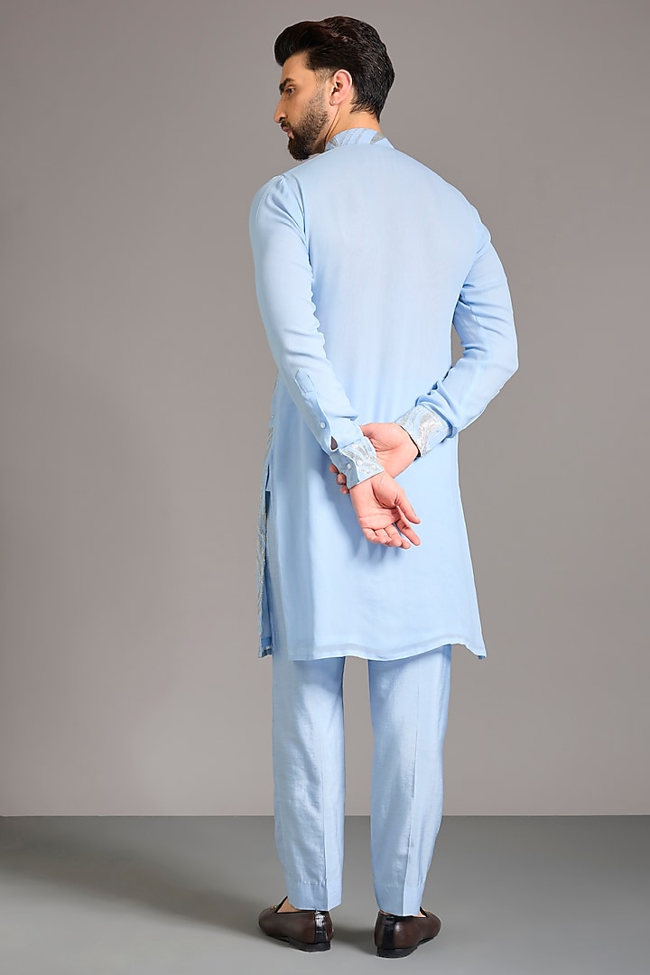 Pale Blue Georgette Sequin & Pearl Embroidered Kurta Set by Rabani & Rakha Men at Pernia's Pop Up Shop