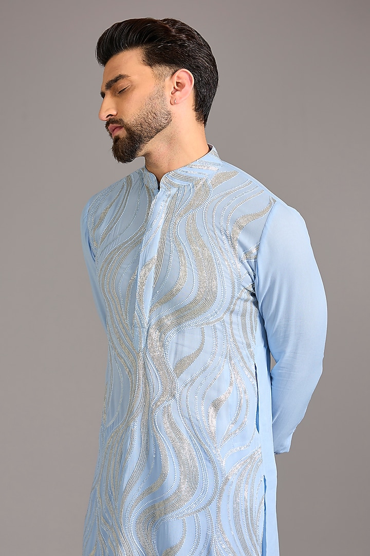 Pale Blue Georgette Sequin & Pearl Embroidered Kurta Set by Rabani & Rakha Men at Pernia's Pop Up Shop