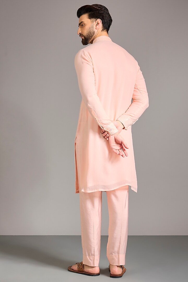 Pale Peach Georgette Sequins Embroidered Kurta Set by Rabani & Rakha Men at Pernia's Pop Up Shop