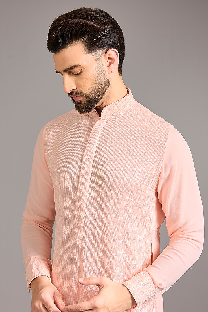 Pale Peach Georgette Sequins Embroidered Kurta Set by Rabani & Rakha Men at Pernia's Pop Up Shop