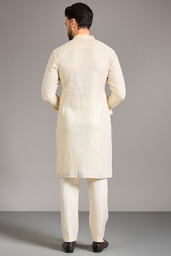 Ivory Georgette Sequin Jaal Embroidered Kurta Set by Rabani & Rakha Men at Pernia's Pop Up Shop