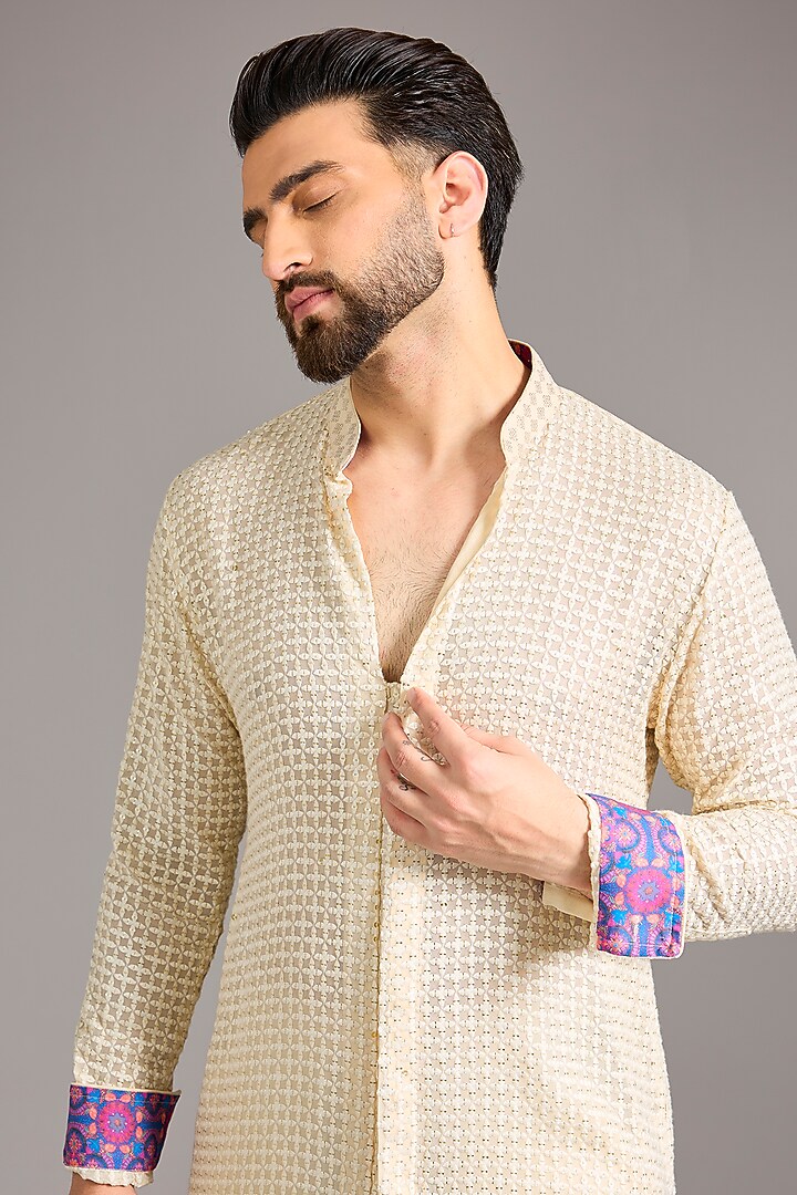 Ivory Georgette Sequin Jaal Embroidered Kurta Set by Rabani & Rakha Men at Pernia's Pop Up Shop