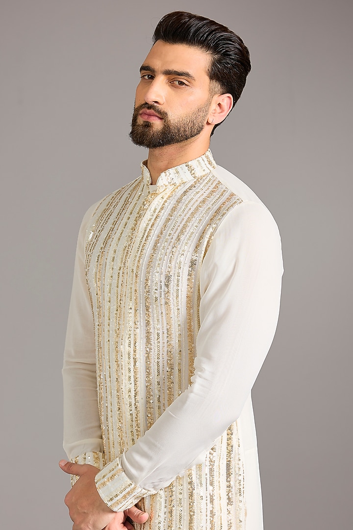 Ivory Georgette Sequin Embroidered Kurta Set by Rabani & Rakha Men at Pernia's Pop Up Shop