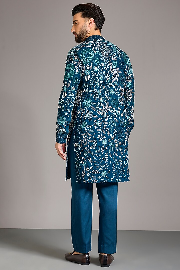 Peacock Blue Georgette Thread & Sequin Embroidered Kurta Set by Rabani & Rakha Men at Pernia's Pop Up Shop