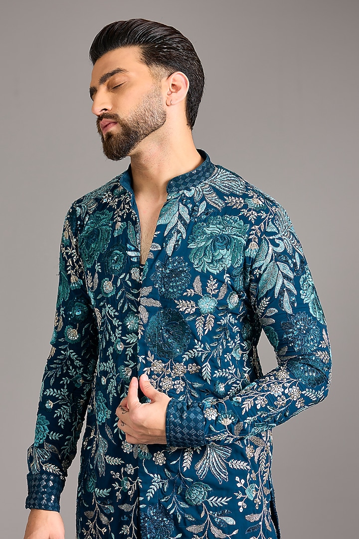 Peacock Blue Georgette Thread & Sequin Embroidered Kurta Set by Rabani & Rakha Men at Pernia's Pop Up Shop