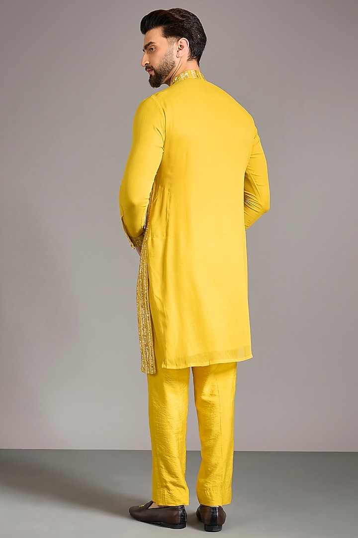 Yellow Georgette Sequin Embroidered Kurta Set by Rabani & Rakha Men at Pernia's Pop Up Shop