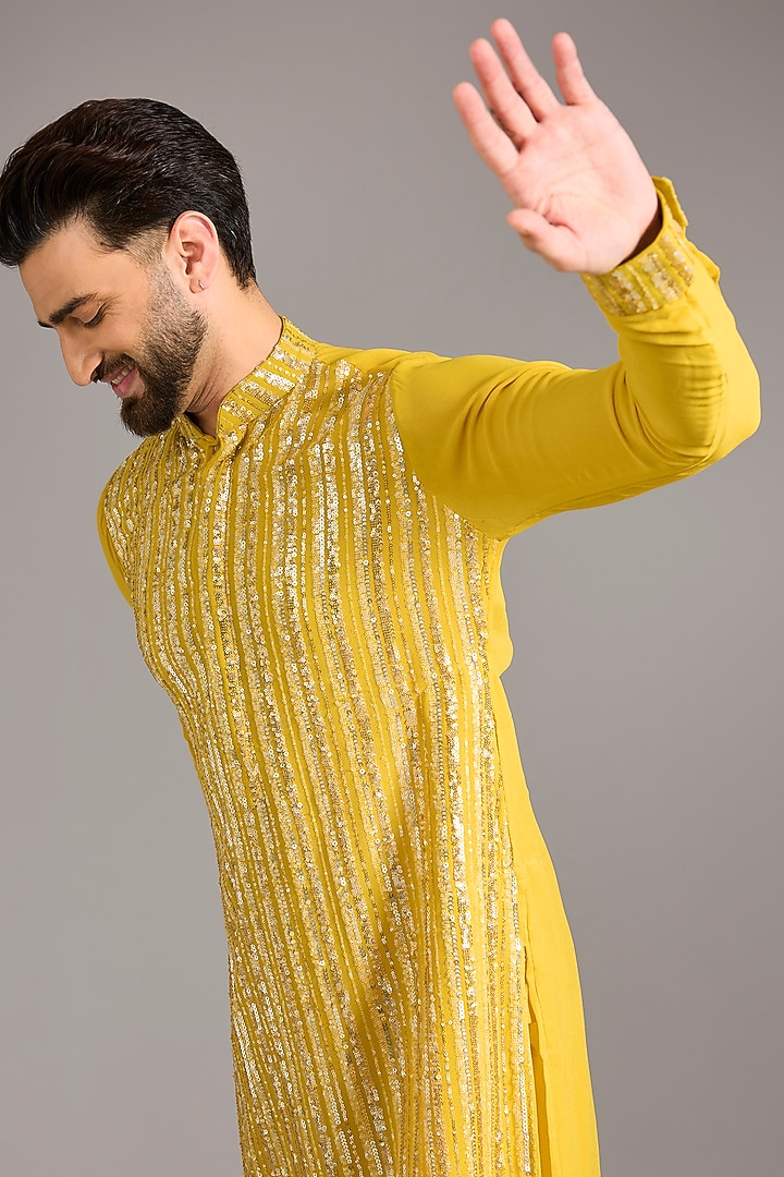 Yellow Georgette Sequin Embroidered Kurta Set by Rabani & Rakha Men at Pernia's Pop Up Shop