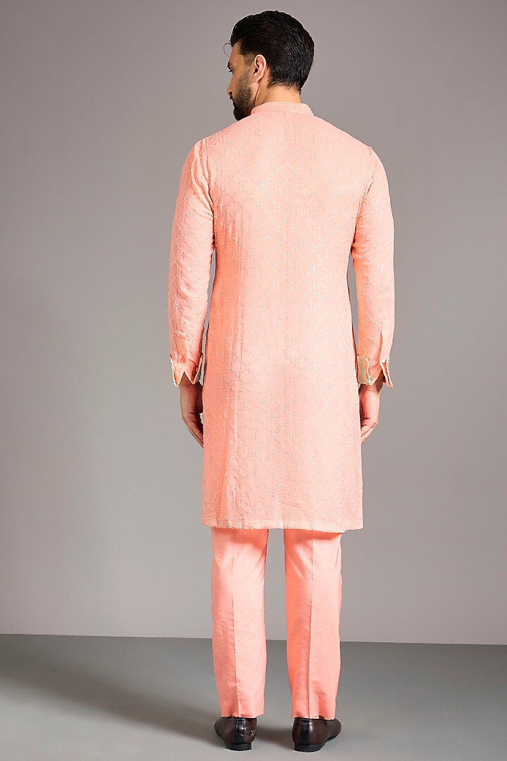 Rose Peach Printed & Sequins Embroidered Kurta Set by Rabani & Rakha Men at Pernia's Pop Up Shop