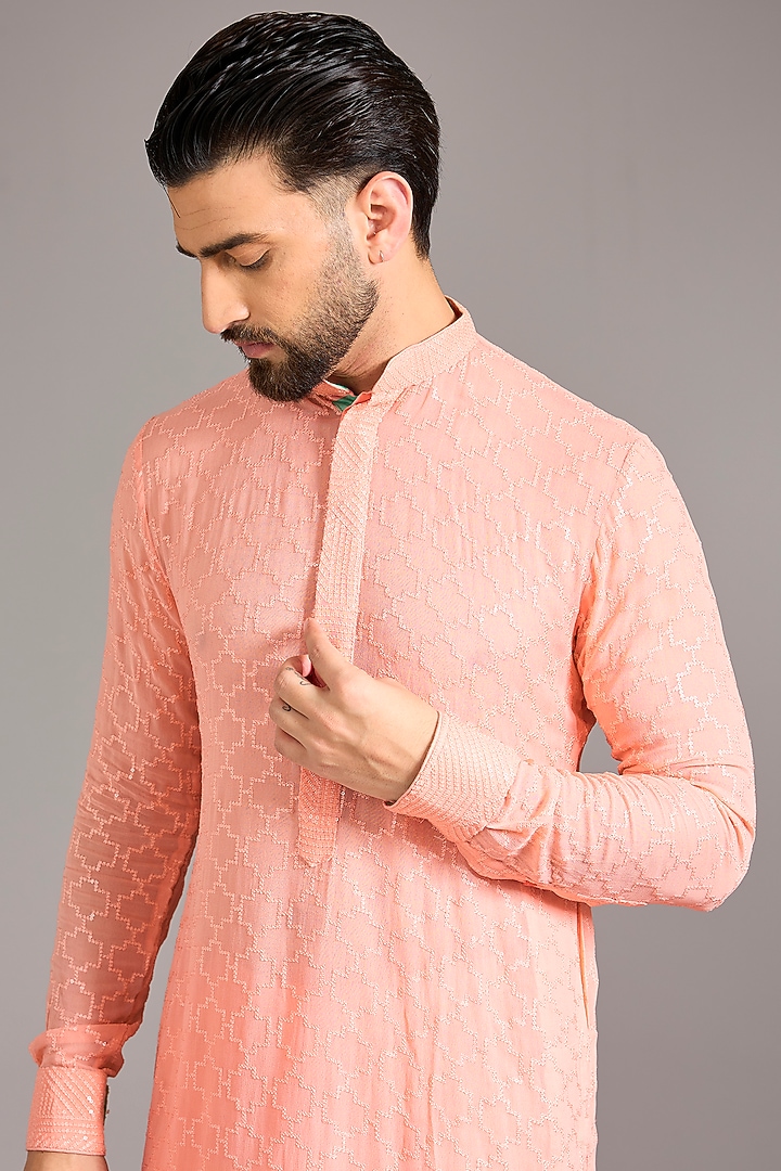 Rose Peach Printed & Sequins Embroidered Kurta Set by Rabani & Rakha Men at Pernia's Pop Up Shop