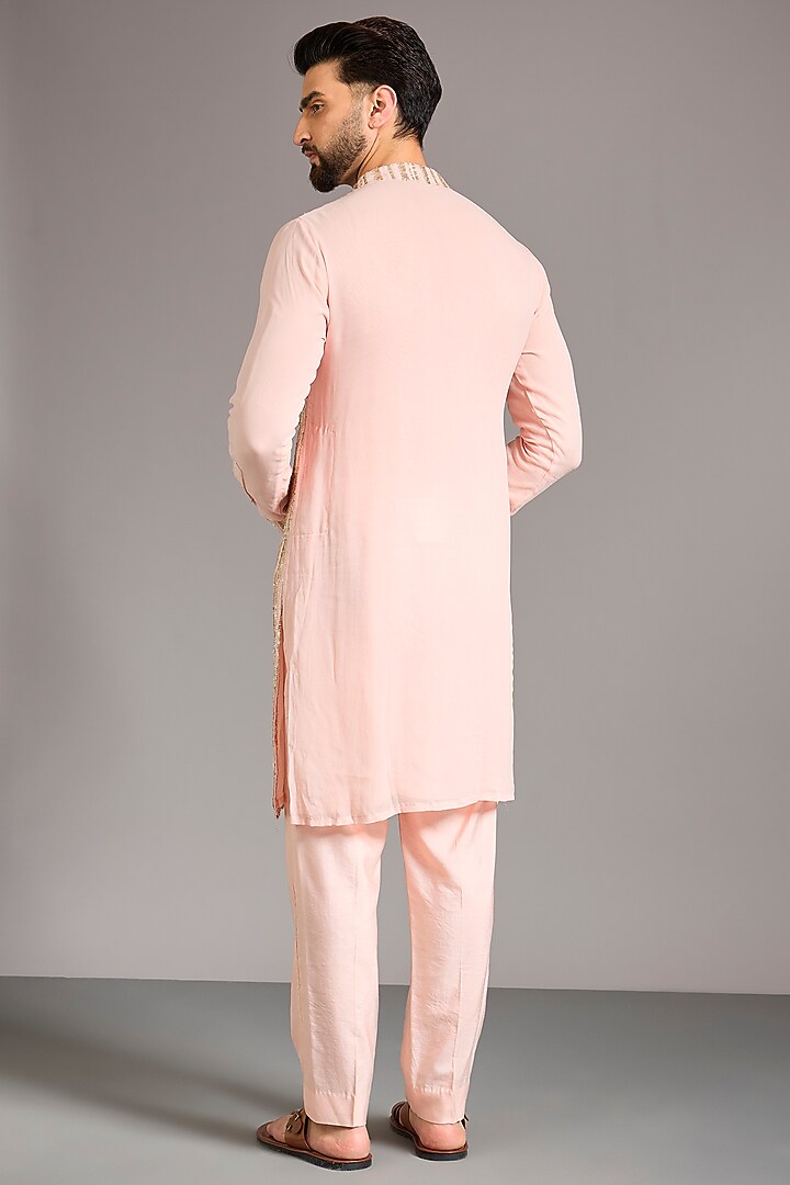 Blush Peach Georgette Sequin Embroidered Kurta Set by Rabani & Rakha Men at Pernia's Pop Up Shop