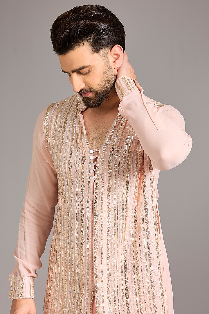 Blush Peach Georgette Sequin Embroidered Kurta Set by Rabani & Rakha Men at Pernia's Pop Up Shop