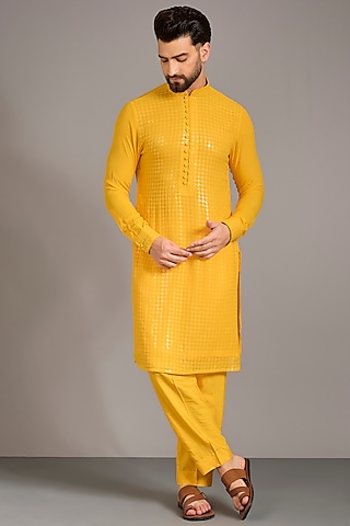 Yellow Georgette Sequins Embroidered Kurta Set by Rabani & Rakha Men