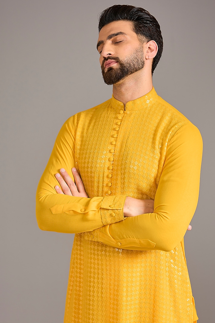Yellow Georgette Sequins Embroidered Kurta Set by Rabani & Rakha Men at Pernia's Pop Up Shop