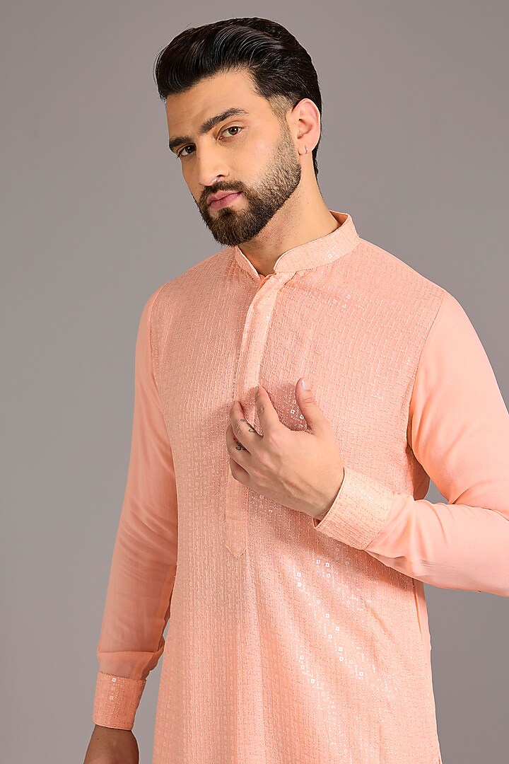 Peach Georgette Sequins Embroidered Kurta Set by Rabani & Rakha Men at Pernia's Pop Up Shop