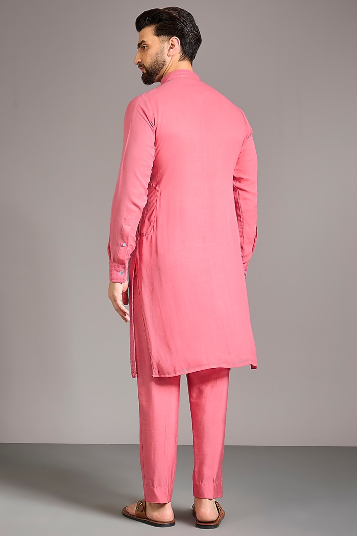 Rose Pink Georgette Sequins Embroidered Kurta Set by Rabani & Rakha Men at Pernia's Pop Up Shop