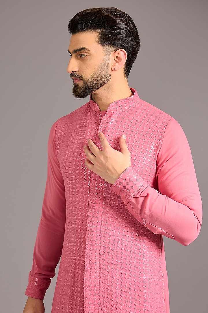 Rose Pink Georgette Sequins Embroidered Kurta Set by Rabani & Rakha Men at Pernia's Pop Up Shop