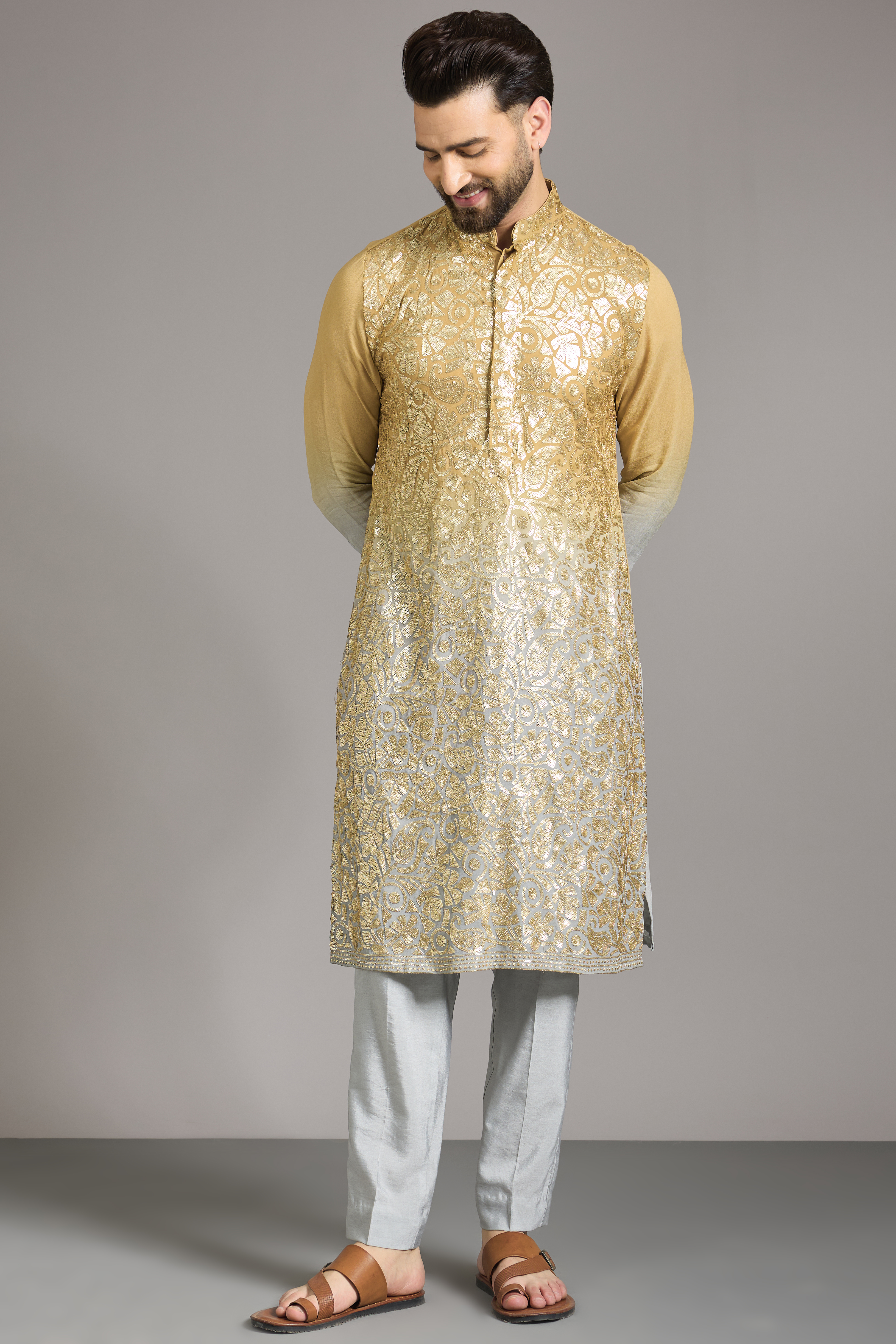 Golden & Grey Shaded Georgette Sequin Work Kurta Set by Rabani & Rakha Men