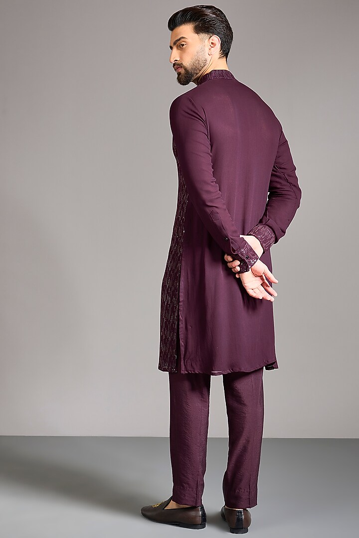 Oxblood Georgette Sequins Embroidered Kurta Set by Rabani & Rakha Men at Pernia's Pop Up Shop