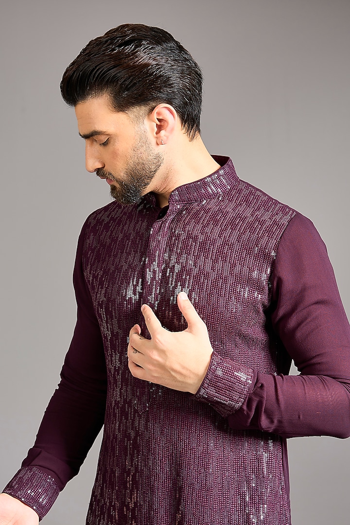 Oxblood Georgette Sequins Embroidered Kurta Set by Rabani & Rakha Men at Pernia's Pop Up Shop