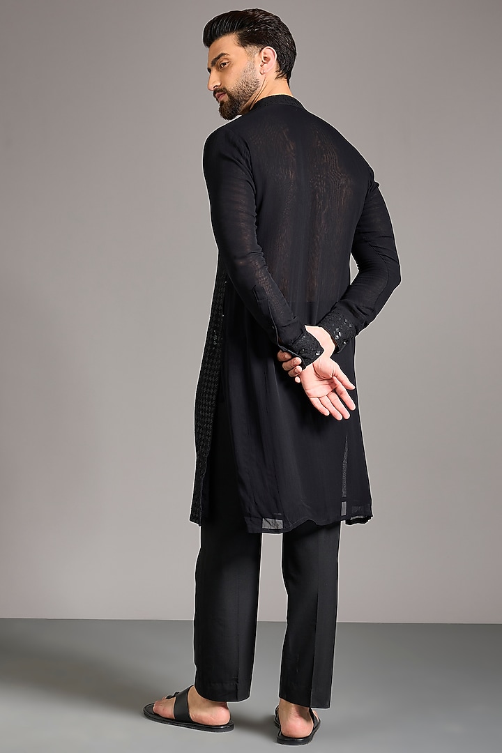 Black Georgette Sequins Embroidered Kurta Set by Rabani & Rakha Men at Pernia's Pop Up Shop
