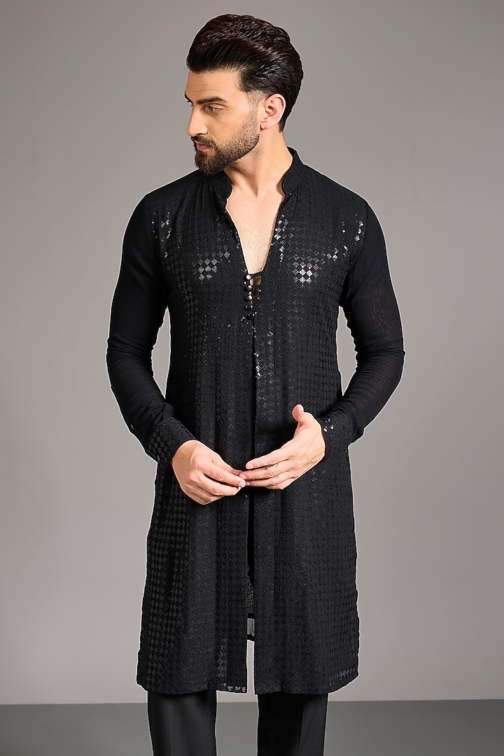 Black Georgette Sequins Embroidered Kurta Set by Rabani & Rakha Men at Pernia's Pop Up Shop